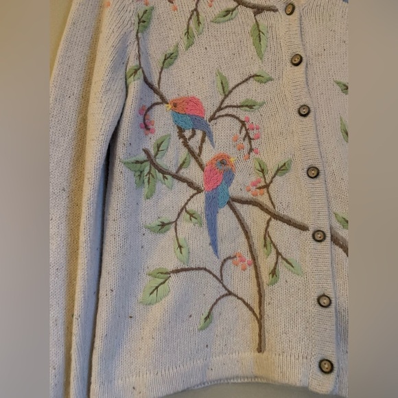 Crazy horse liz Claiborne embroidered sweater cardigan birds flowers spring - Picture 2 of 7
